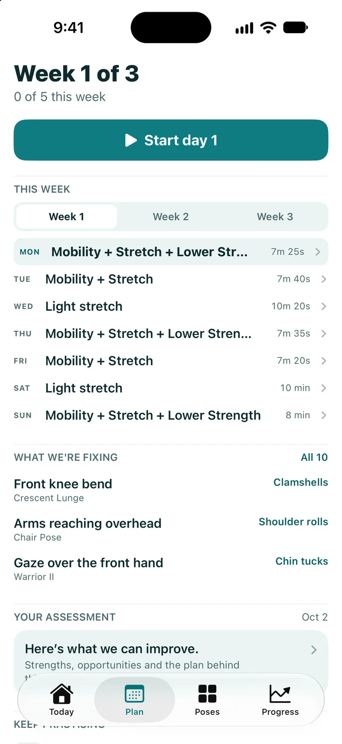 Posewise three-week improvement plan screen